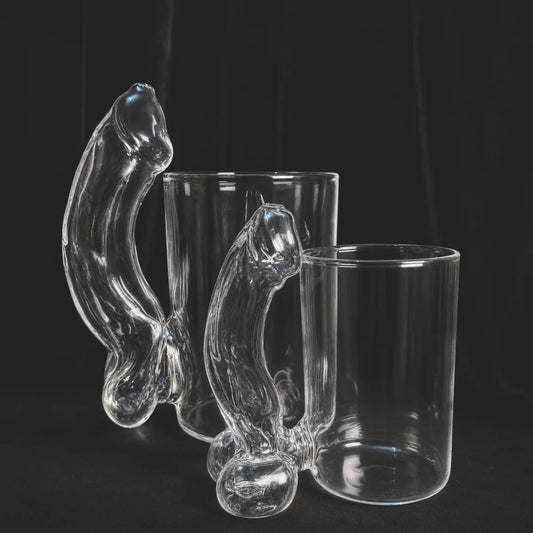 Mini and Original handmade glass mugs with hollow sculpted handles